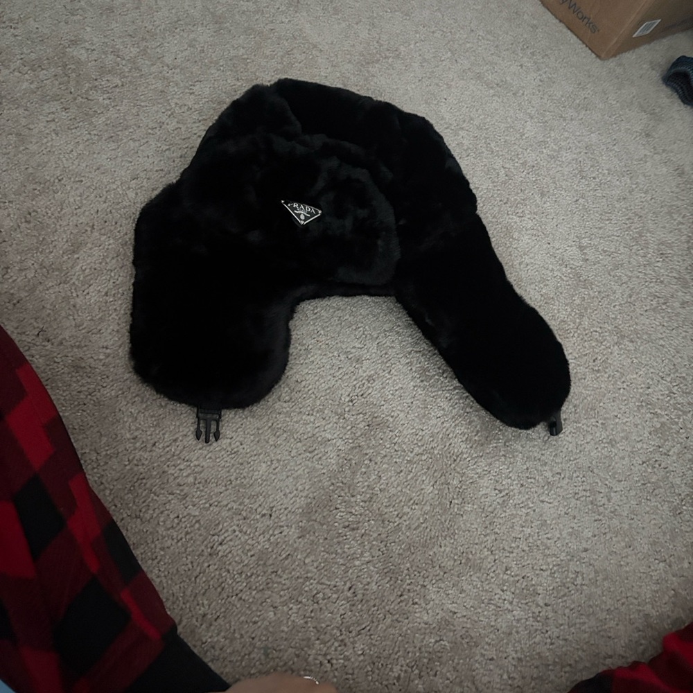 Black Faux Fur Trapper Hat with Logo Patch